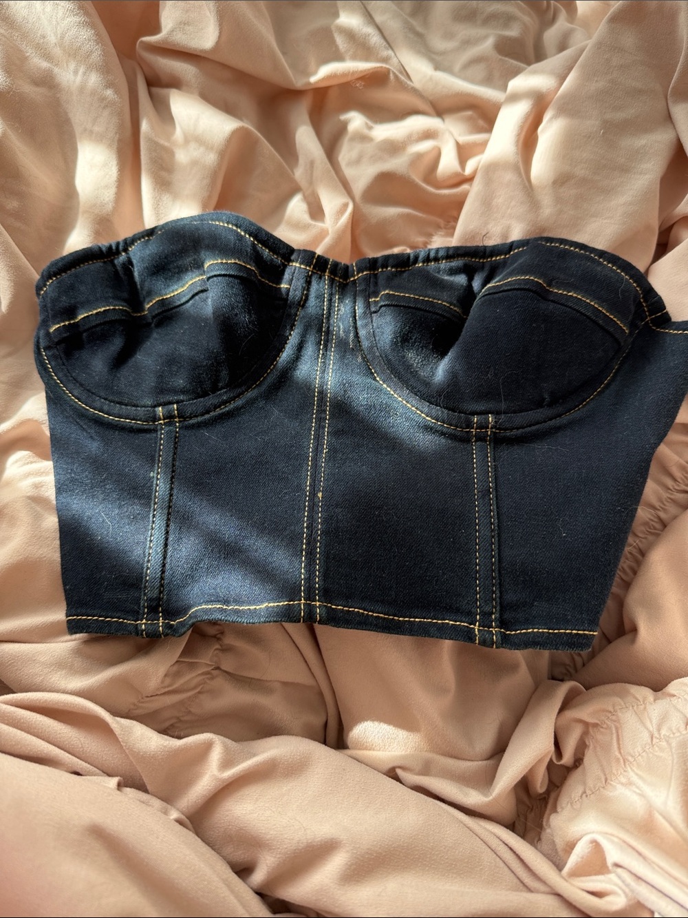 LPA Blue Denim Bustier Crop Top with Contrast Stitching